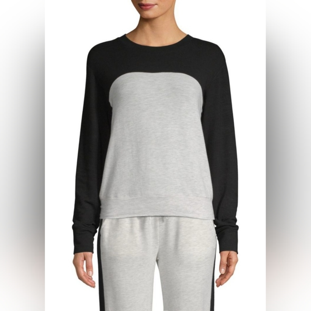 Monrow M Black and Heathered Grey Colorblocked Sweatshirt Soft Cozy Long Sleeve